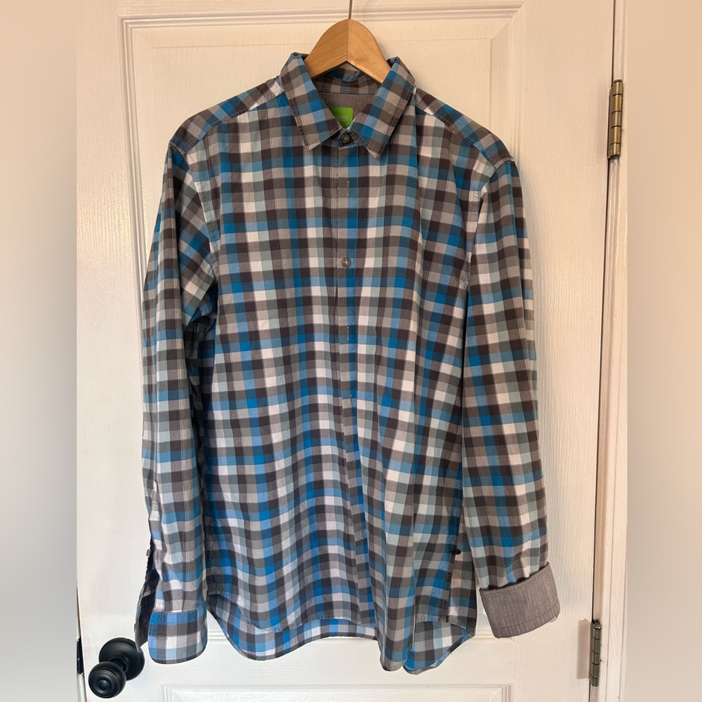 Hugo Boss Blue and Gray Checkered Shirt